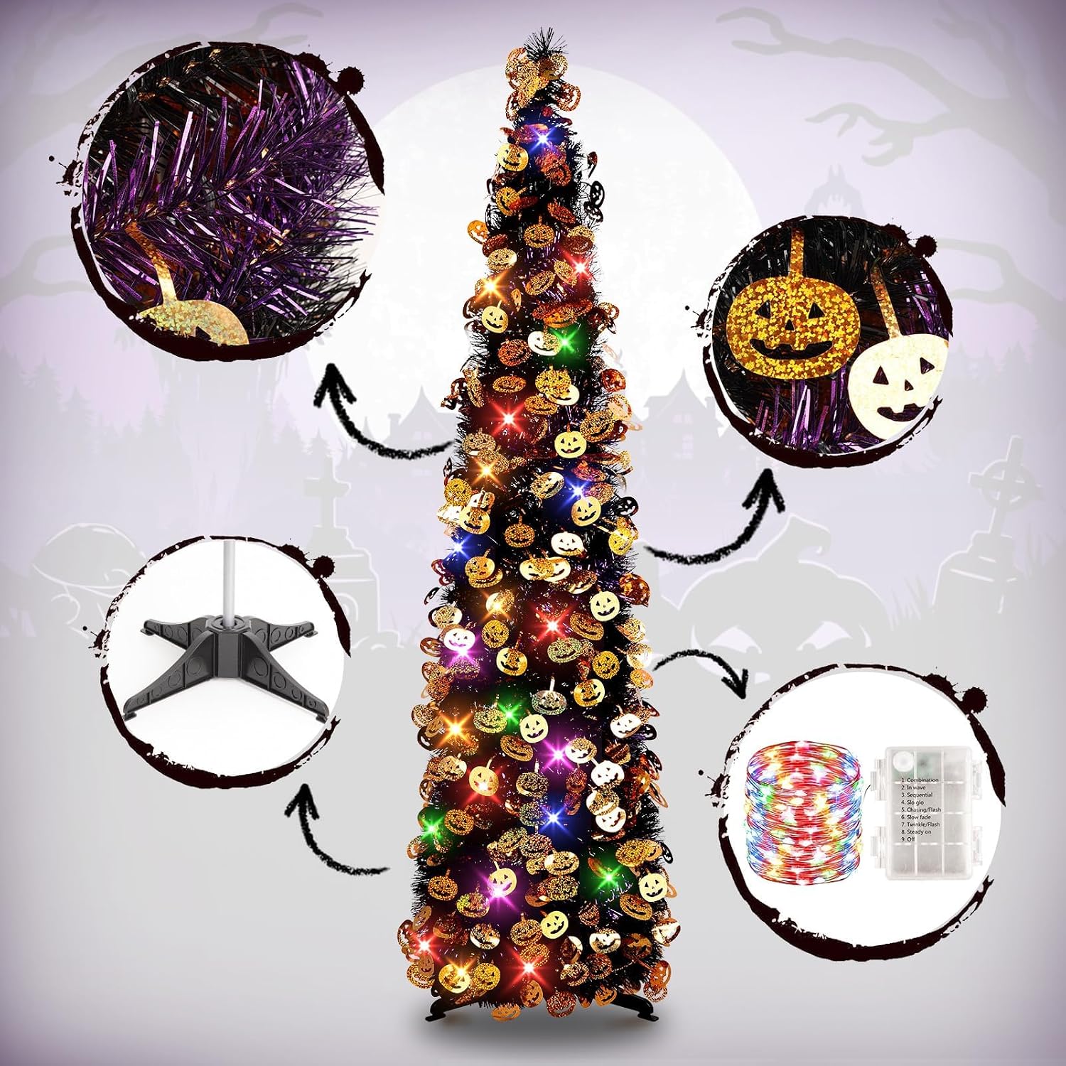 Detalle de N&T NIETING 5-Foot Halloween Tinsel Tree with Pumpkin Accents and Orange LED Lights