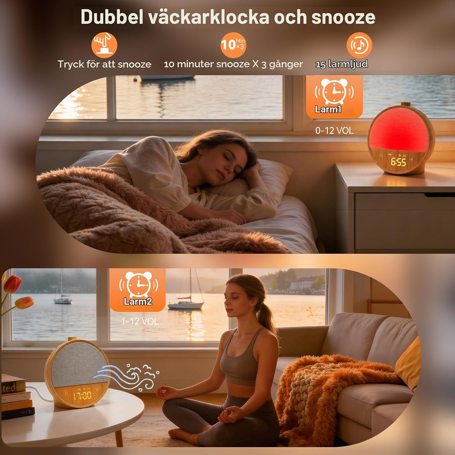 Detalle 1 de blonbar dagsljusväckarklocka med soluppgång, dubbelalarm och RGB-ljus