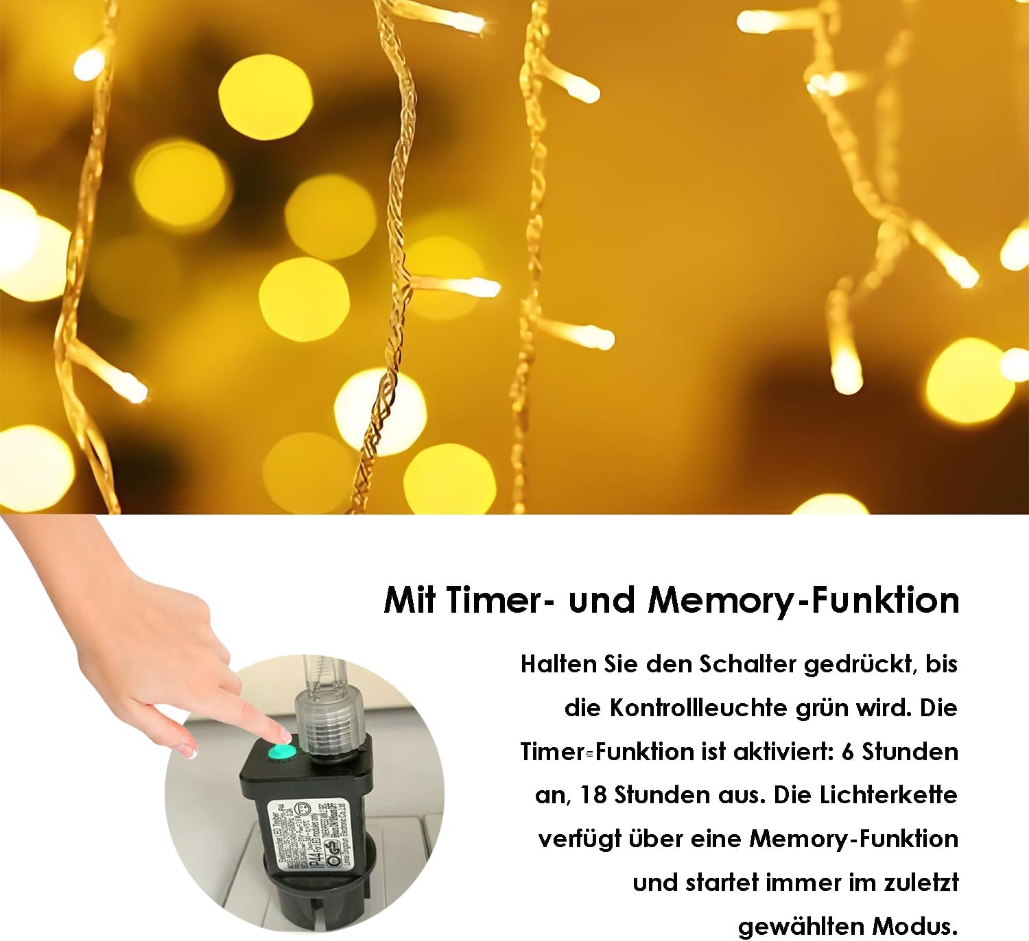 Thumbnail 4 de YJY LIGHT Eisregen Lichterkette LED in Warmweiß (2500K) – 5 m Lichtvorhang mit 200 LEDs, 8 Modi, Timer & Memory, IP44