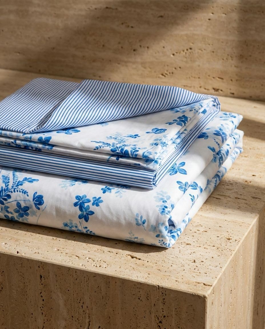 Thumbnail 1 de LERUUM Bettwäsche-Set Baumwolle 155x220 (Blau/Weiß gestreift & Blumen) inkl. Kissenbezug 80x80