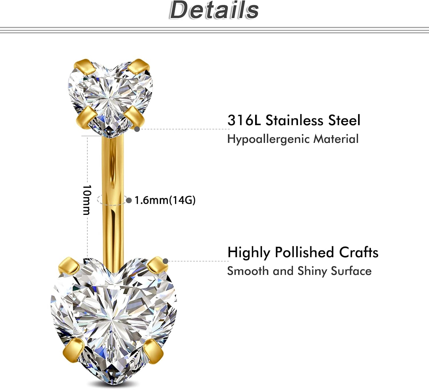 Detalle de WillTen 14G Bauchnabelpiercing Set – 3 verschiedene Designs (6–10 mm) aus 316L Edelstahl mit CZ