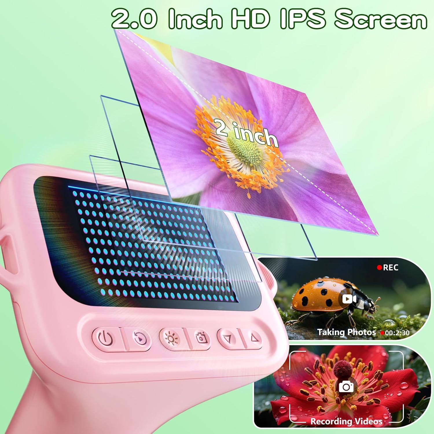 Detalle de Odatay Kids Digital Microscope (100X–1000X) with 1080P Camera, 12 Slides, Pink