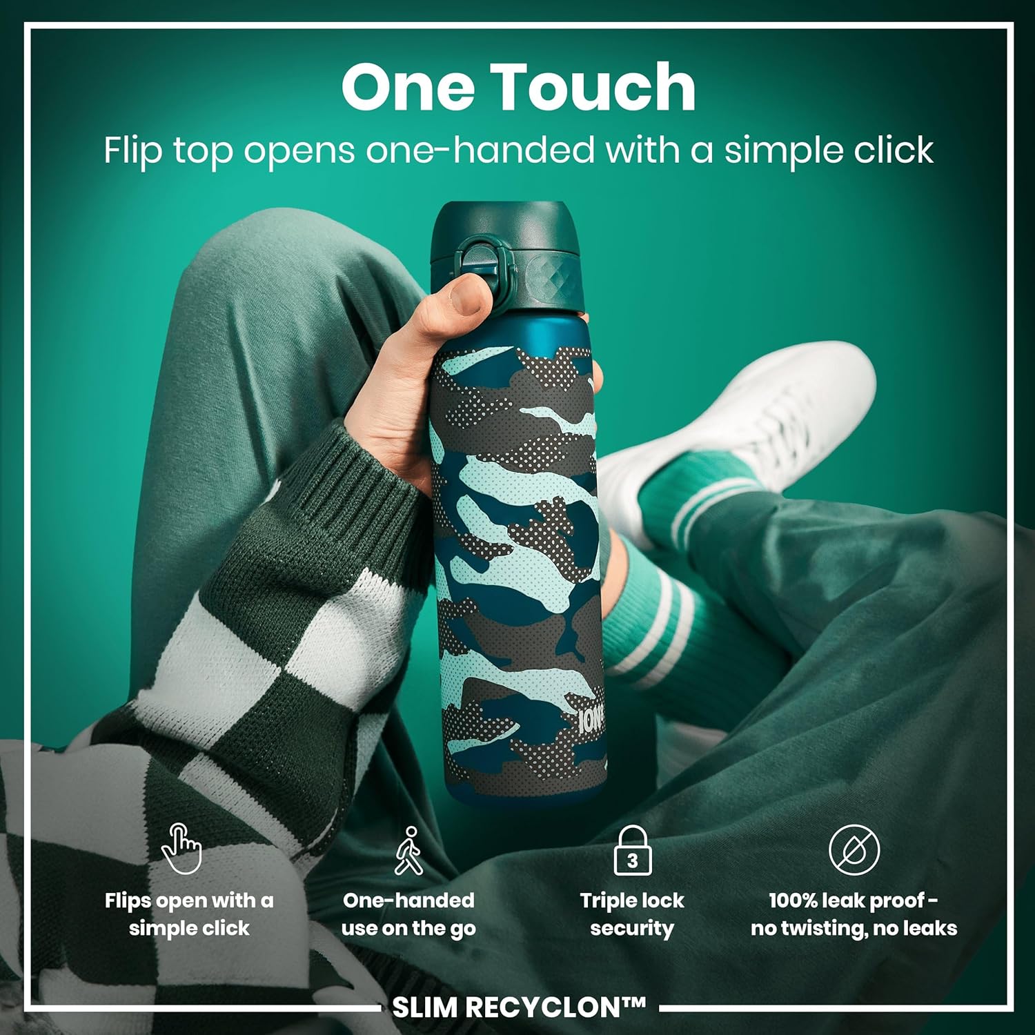 Detalle de Ion8 Water Bottle 500ml/18oz – Slim, Leak-Proof, BPA-Free (Aqua, Camo)
