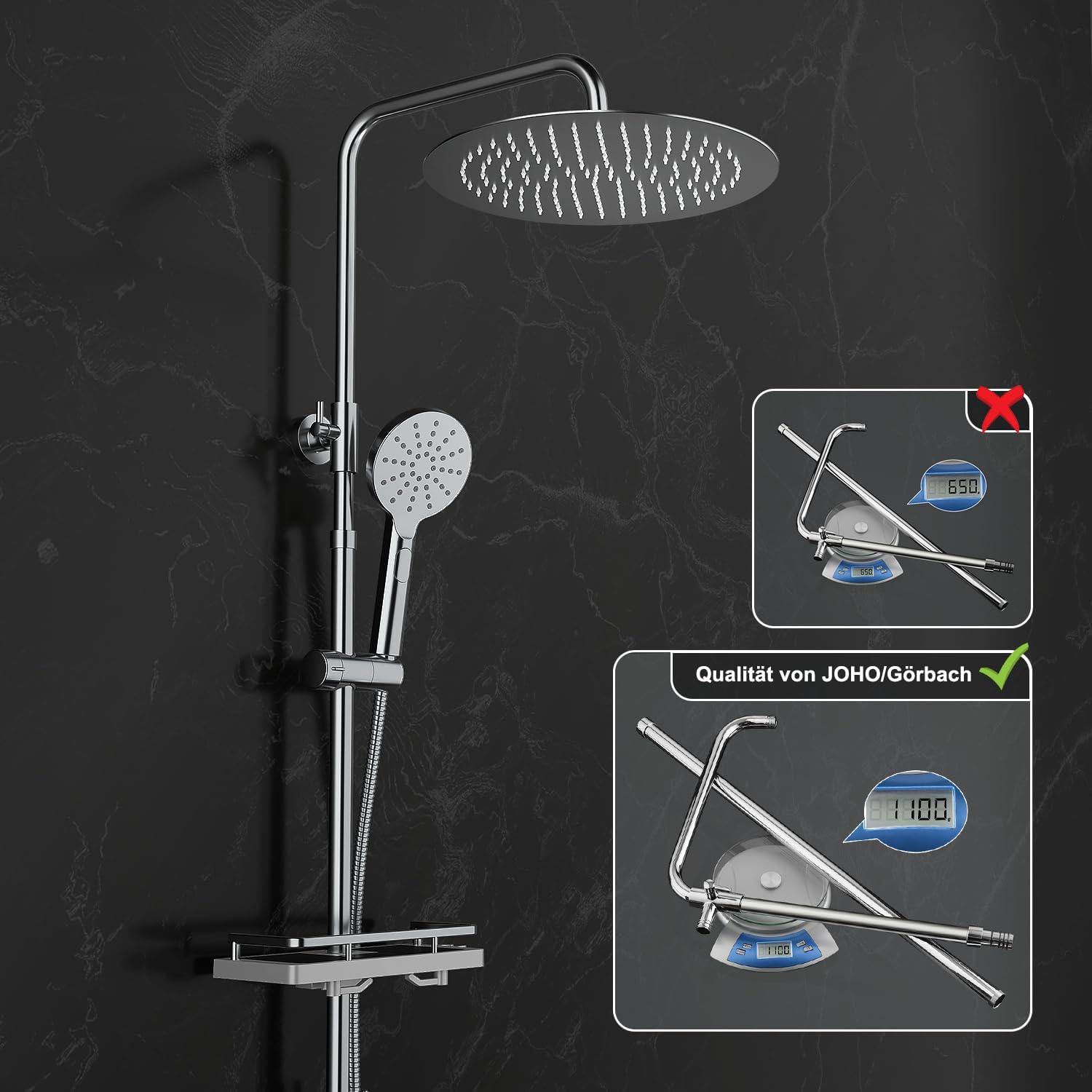 Thumbnail 3 de JOHO Colonna Doccia in Acciaio Inox – Set completo con mensola e soffione a pioggia, D30 cm