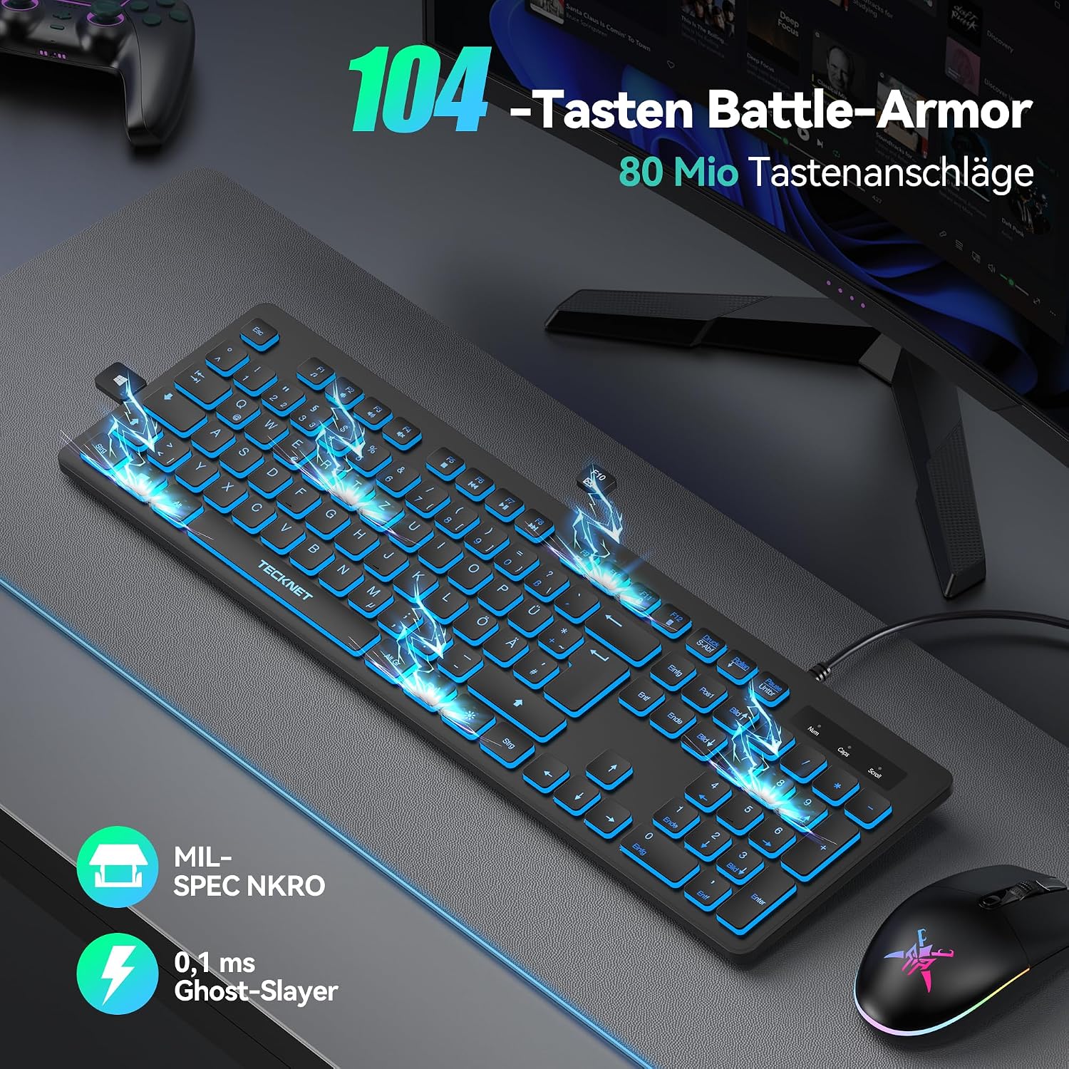 Thumbnail 2 de TECKNET kabelgebundene USB-Tastatur mit 7-Farben RGB-Hintergrundbeleuchtung, Deutsches QWERTZ Vollgröße, spritzwassergeschützt und leise