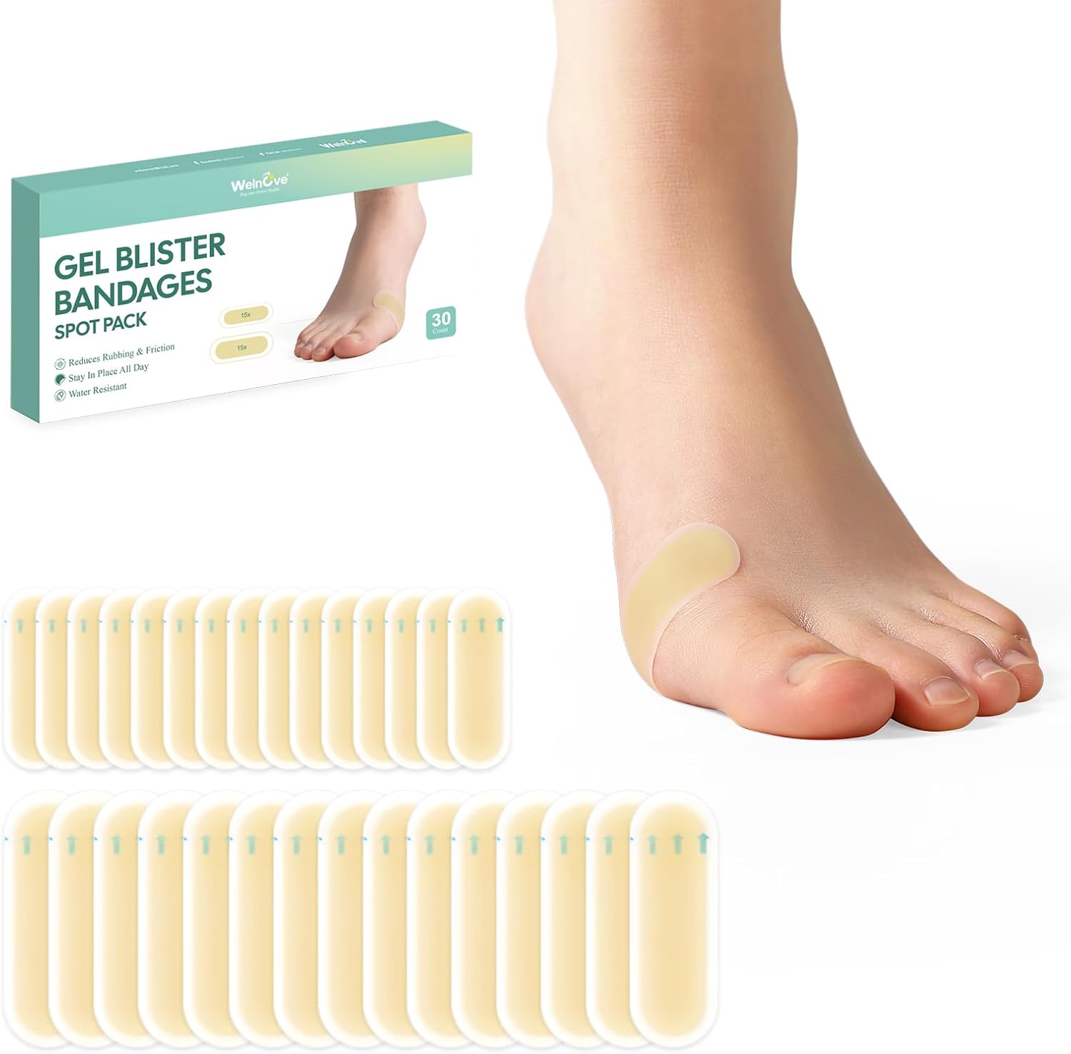 Detalle de Welnove 30 Pieces Blister Plasters for Feet — Invisible Hydrocolloid Gel Bandages