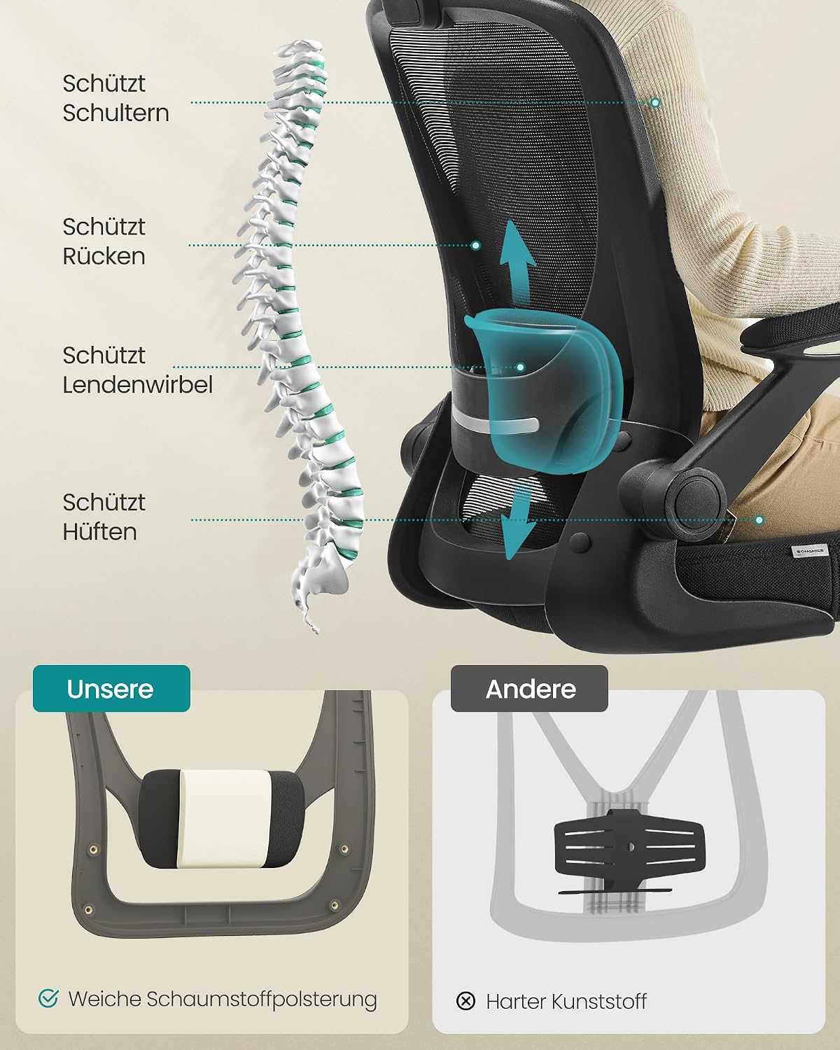 Detalle 2 de SONGMICS OBN37BK Bürostuhl ergonomisch 53 cm