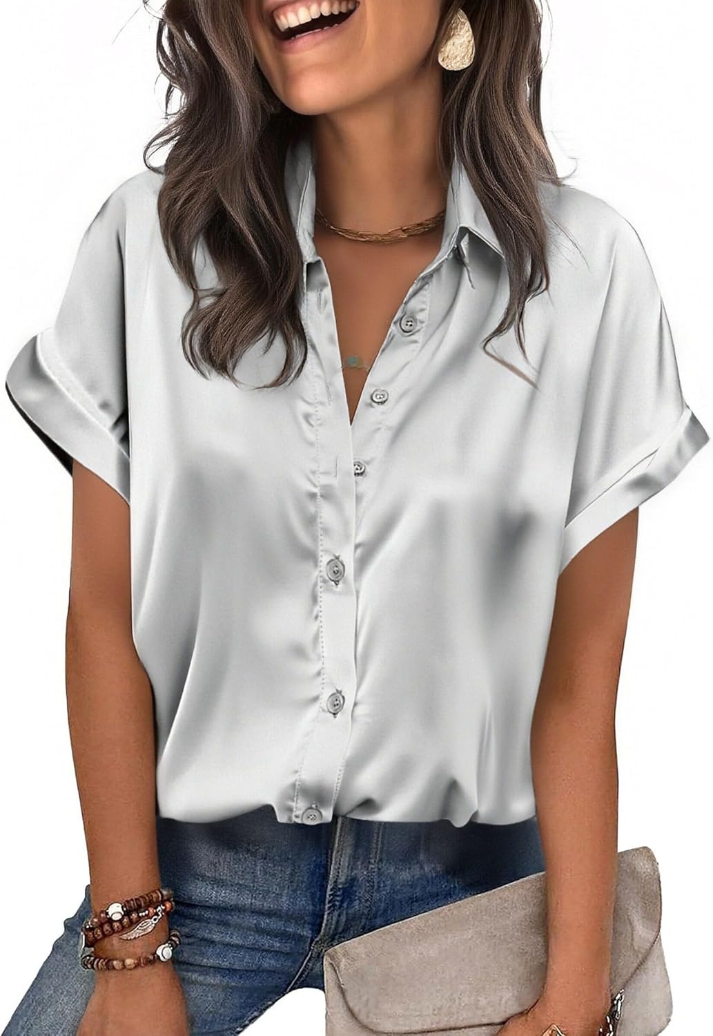 Thumbnail 6 de Zeagoo Women's Satin Blouse Short Sleeve Button-Down for Business Casual