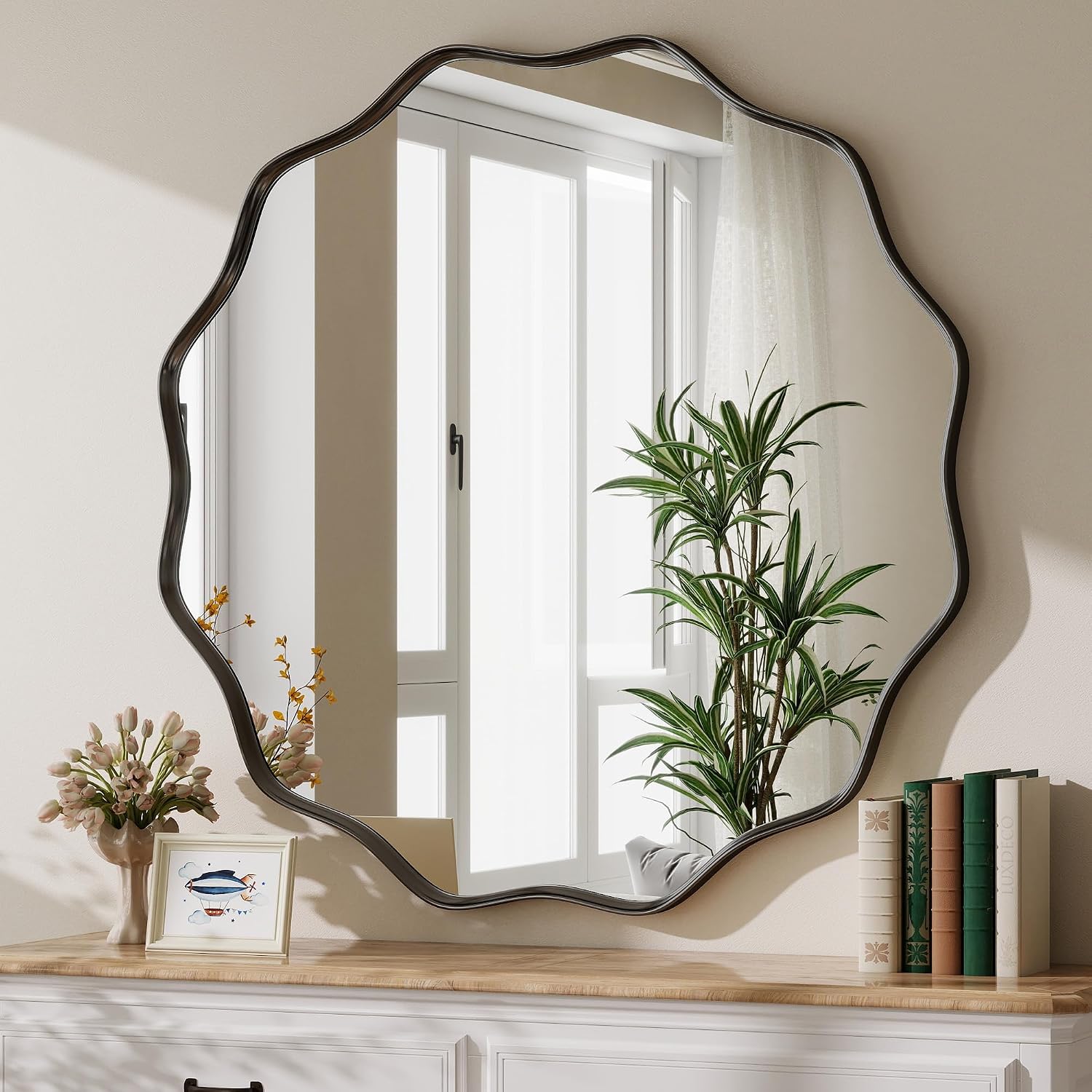 Thumbnail 6 de HARRITPURE 30" Scalloped Round Wall Mirror, Black Wavy Metal Frame