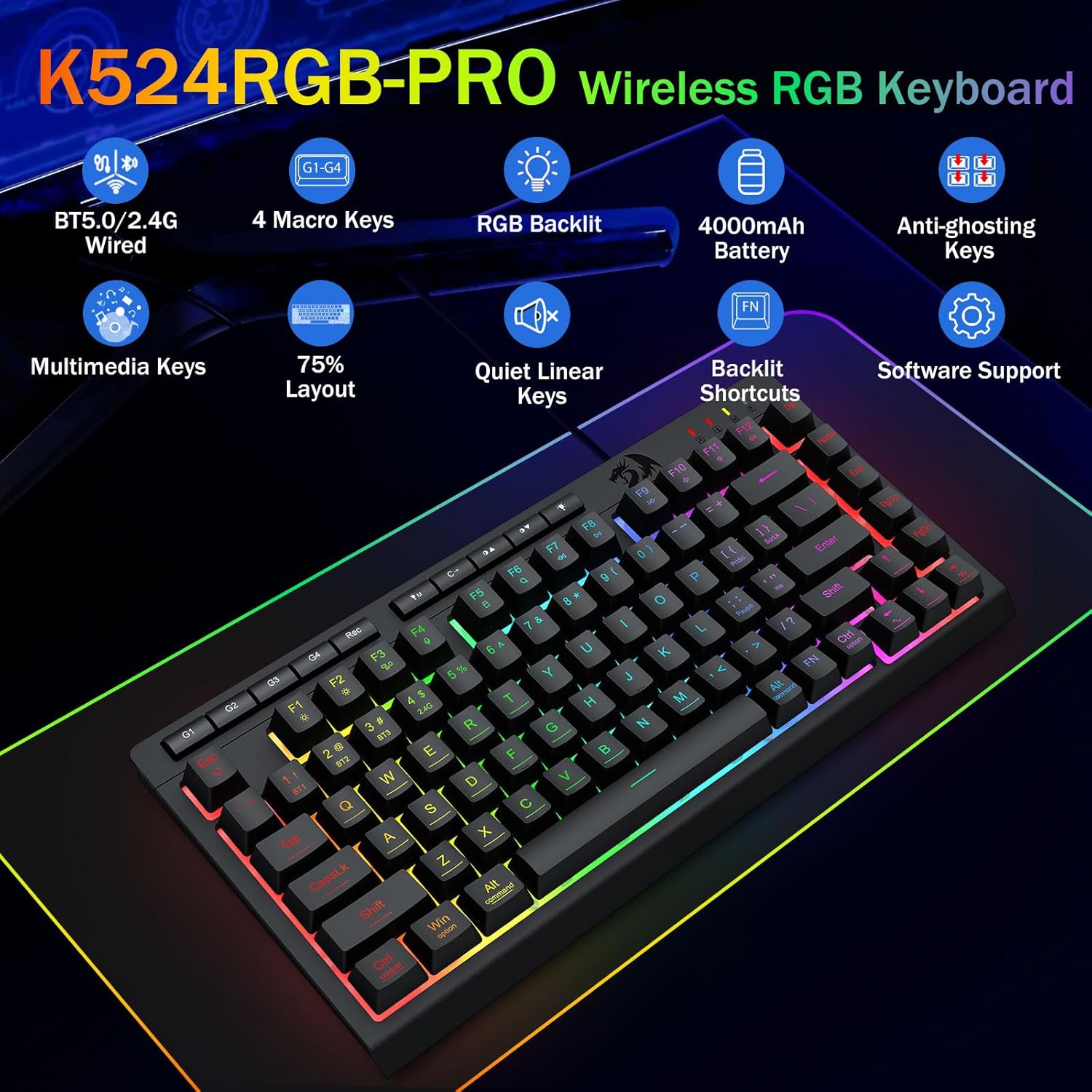 Thumbnail 1 de Redragon Wireless Gaming Keyboard (75% Tri-Mode) Bluetooth/2.4GHz/USB-C, RGB Macro Keys, Anti-Ghosting