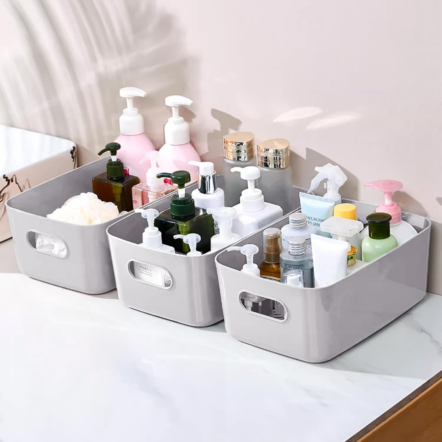 Detalle de SHEPIN Aufbewahrungsboxen (10er-Set) aus Kunststoff, grau, 30 x 20 x 12 cm, mit Griff – Organizer für Bad, Küche & Büro