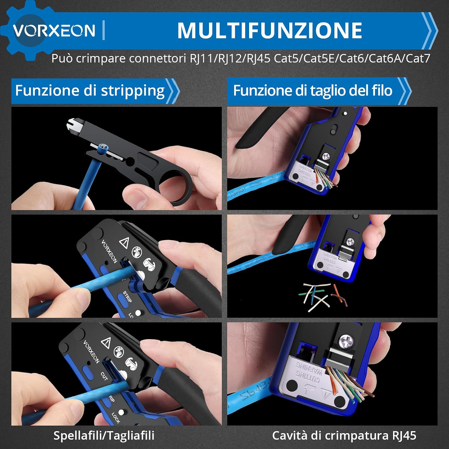 Thumbnail 4 de Pinza Crimpatrice RJ45 VORXEON per Cavi Ethernet Cat6 Cat5e: Kit completo 8P+6P, 50 Connettori RJ45 Cat6 e Accessori