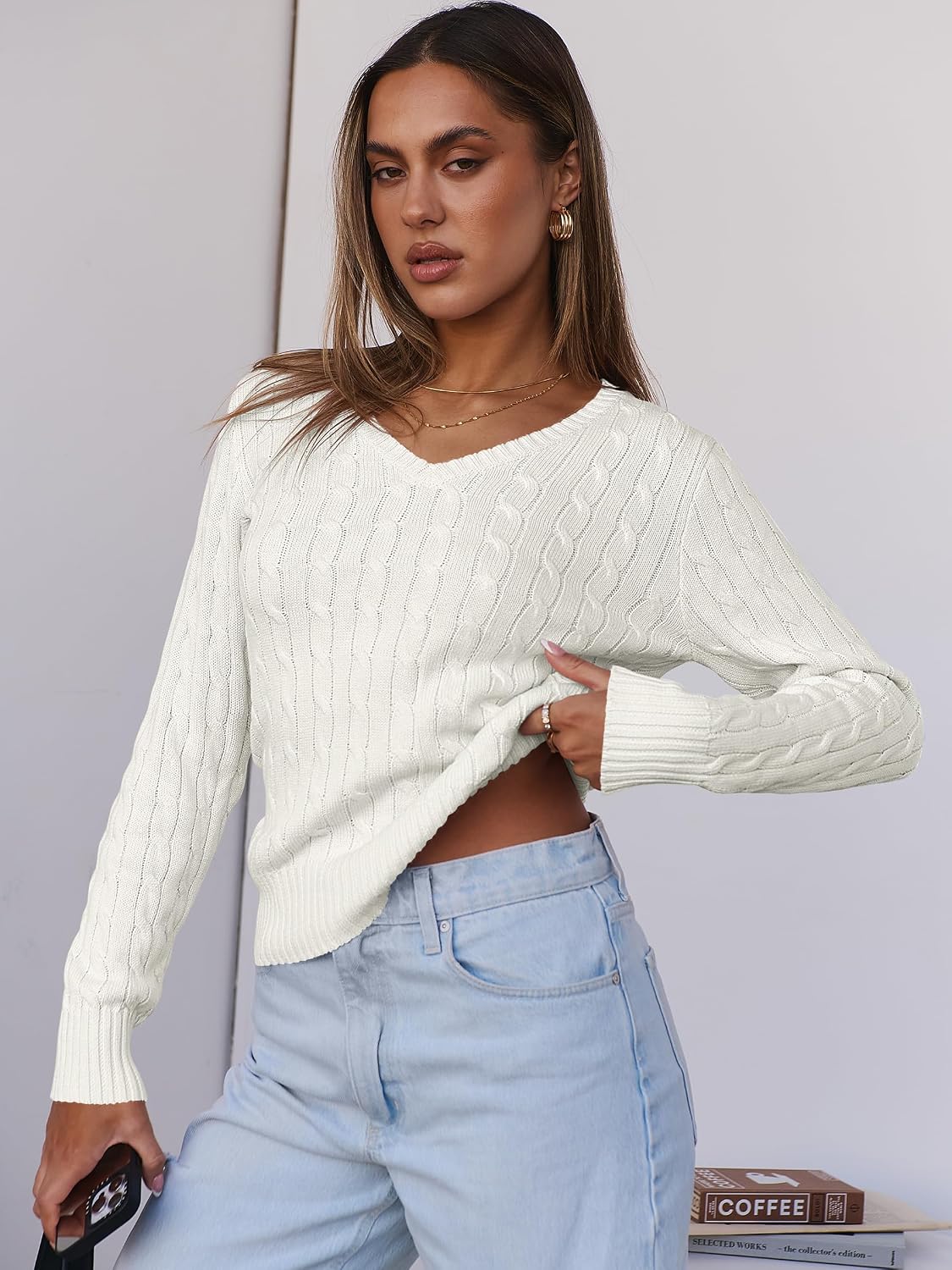 Thumbnail 4 de ANRABESS Long Sleeve Cable Knit Sweater V‑Neck