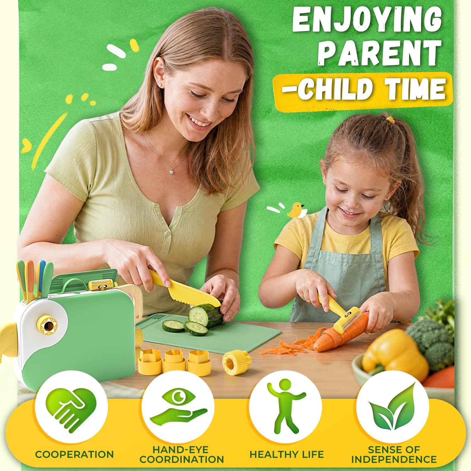 Detalle 2 de Yasterd KC001 Montessori Kitchen Tool Set for Toddlers, Green, with Safety Knives
