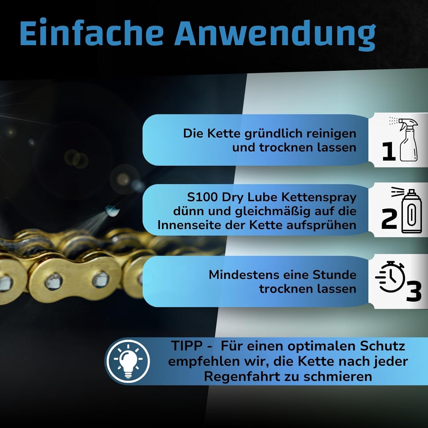 Detalle 2 de DR. WACK S100 Dry Lube Kettenspray für Motorrad – Trocken Kettenschmierstoff (400 ml)