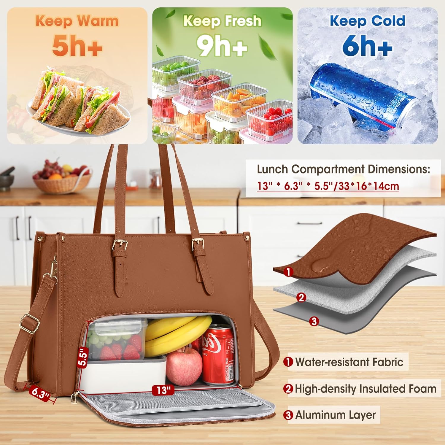 Thumbnail 3 de RAINSMORE Laptoptasche Damen mit isoliertem Lunchfach 15,6 Zoll – wasserdichtes PU-Leder, Braun