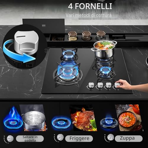 Detalle de TopStrong Piano Cottura a Gas 4 Fuochi in Vetro Nero – 8060 W, FFD, NG/LPG
