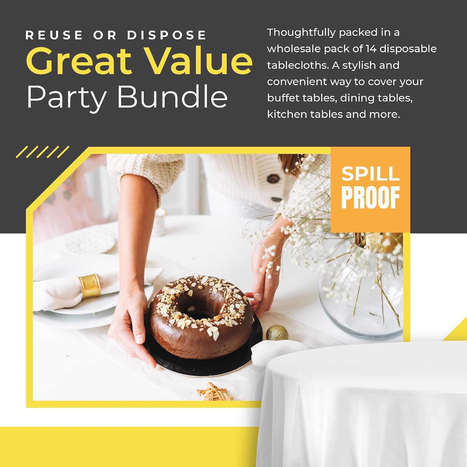Detalle 2 de 14-Pack Premium White Plastic Round Tablecloth (84 x 84 in.) — Disposable Round Table Cover for Parties & Weddings
