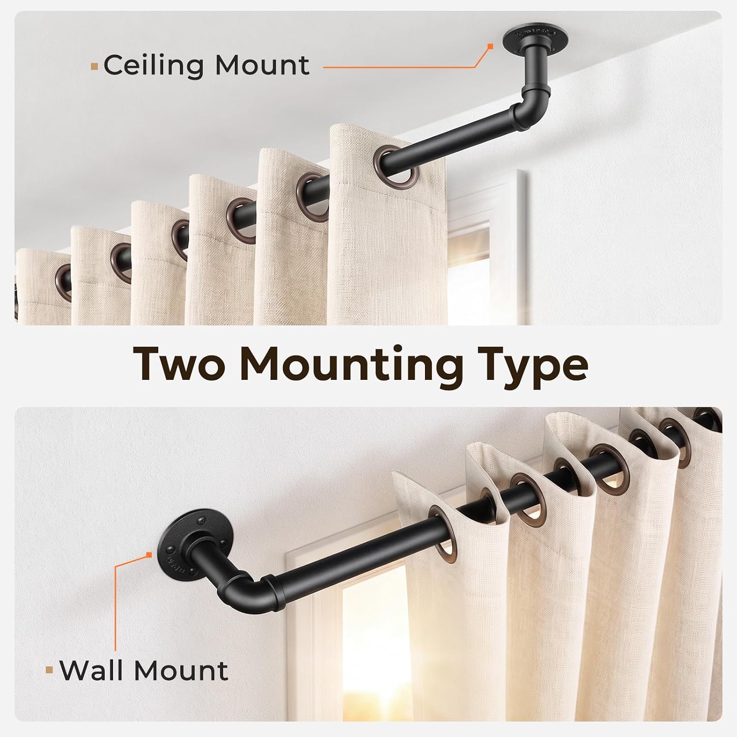 Detalle 2 de Zeerobee Skmst32BK 1-Inch Industrial Wraparound Curtain Rod, Black, 32–48 in