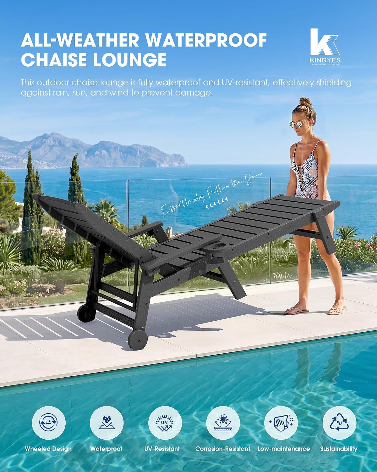 Thumbnail 6 de KINGYES A041-086 Outdoor Lounge Chair Set of 4, HDPE, 5-Position Backrest