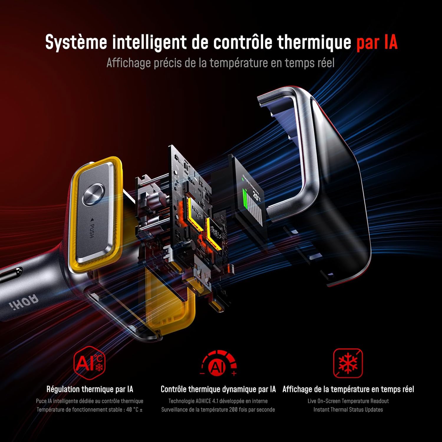 Detalle de AOHI SUPERAUTO 170W: Chargeur voiture USB-C avec affichage intelligent – PD 3.1 140 W, 170 W total (Gris)