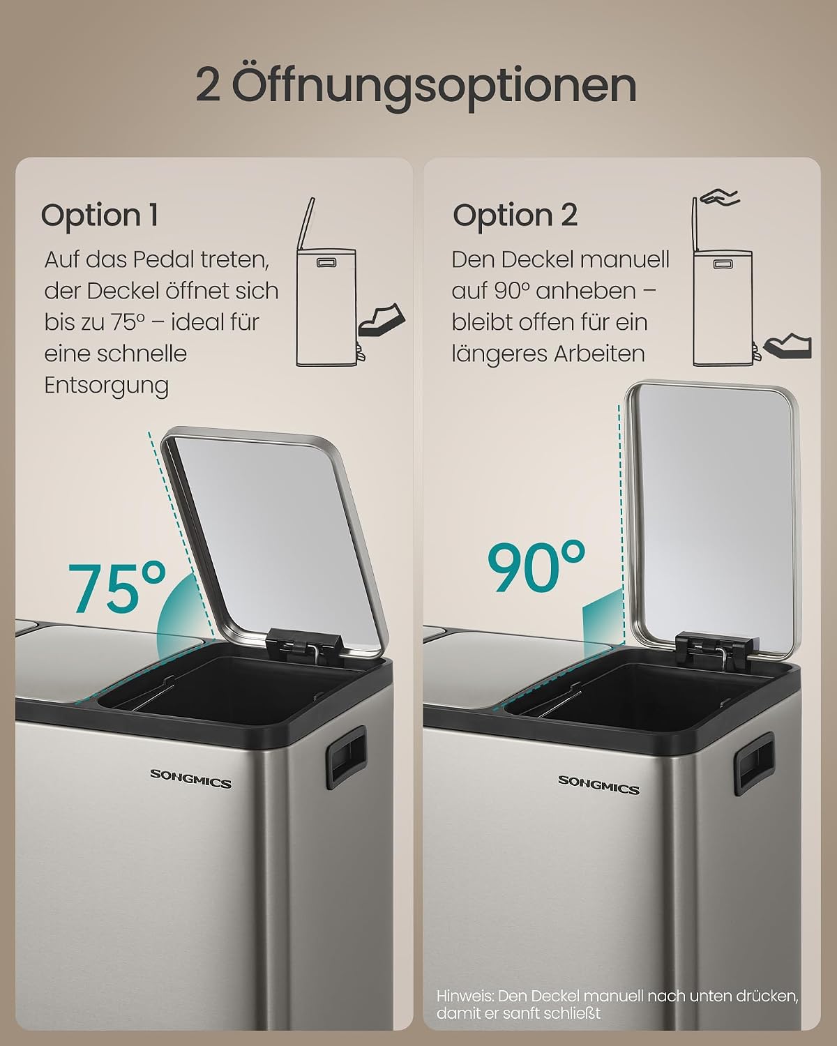 Detalle 2 de SONGMICS Mülleimer Küche LTB130EZ01 – 2 x 15 L, Mülltrennsystem, Softclose, Edelstahl