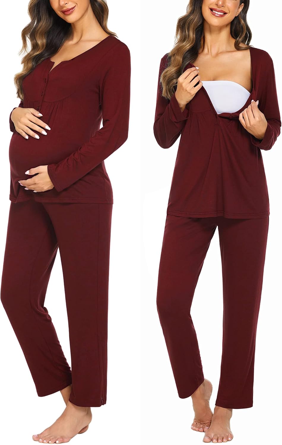 Detalle de Ekouaer Maternity Nursing Pajama Set in Polyester-Spandex