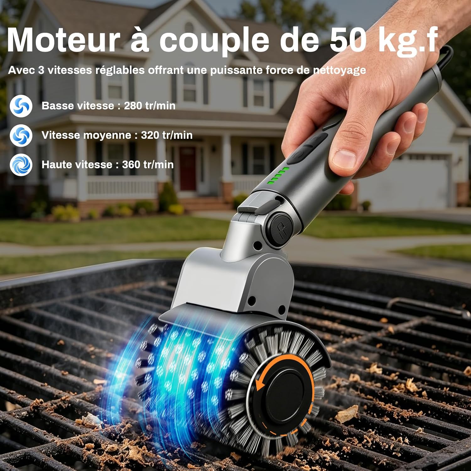 Detalle 2 de Hiwoor Brosse Barbecue Électrique sans Fil 3-en-1 — 150 Min d’autonomie, 3 têtes, 3 vitesses et tête articulée