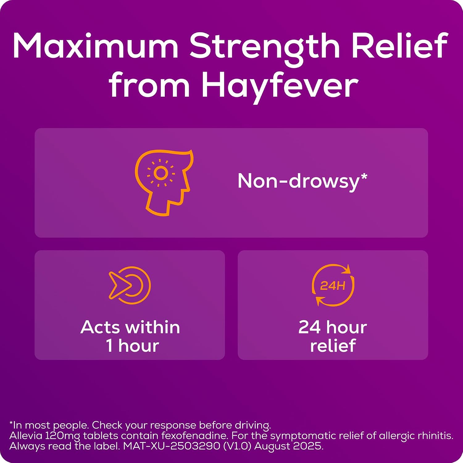 Detalle de Allevia Hayfever Allergy Tablets 120mg Fexofenadine – 30 tablets, 24‑hour relief