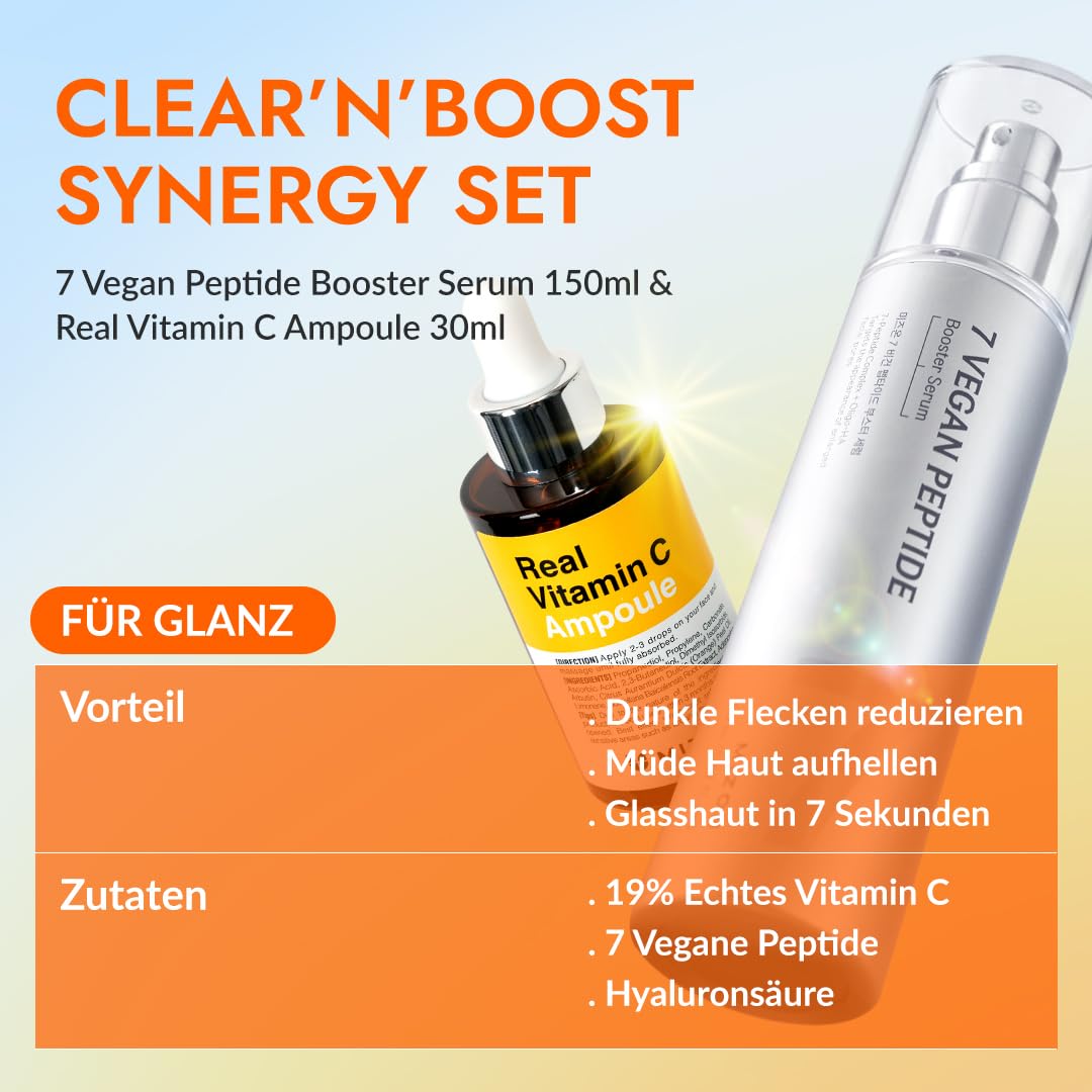 Thumbnail 1 de [MIZON] CLEAR'N'BOOST VITAMIN C SYNERGY SET – Vegan Peptide Booster Serum 150ml + Real Vitamin C Ampoule 30ml