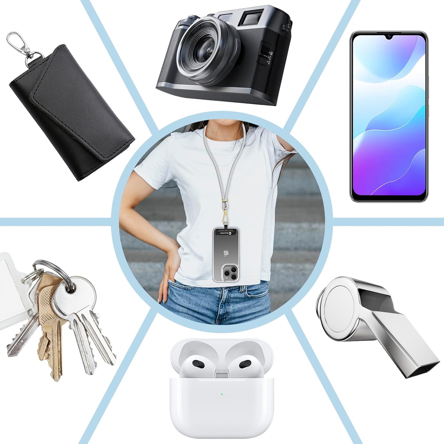 Thumbnail 1 de OLEPHY Cordon Téléphone Portable – Tour de Cou Universel avec 2 patchs ultraminces, Gris Argent