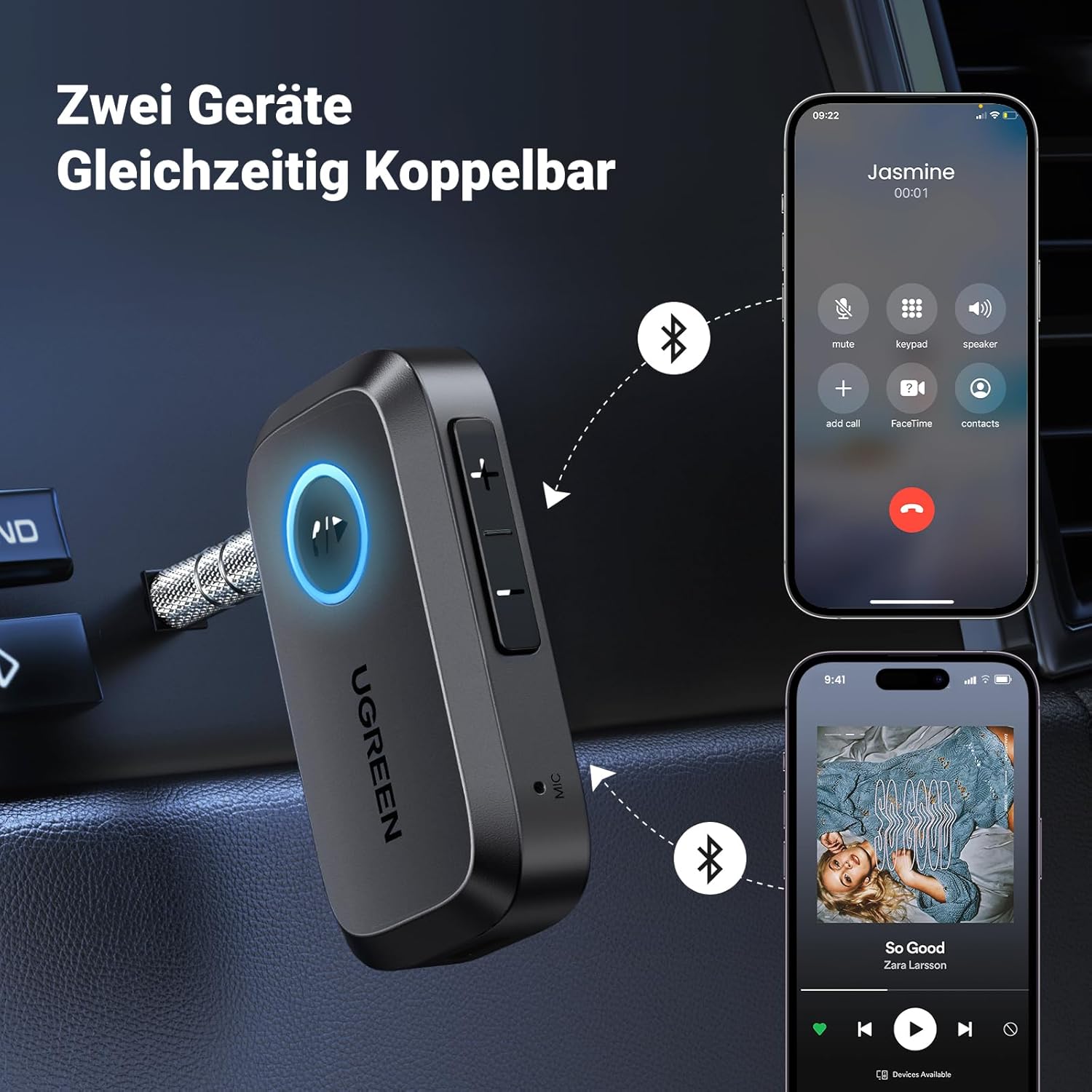 Thumbnail 6 de UGREEN Aux Bluetooth Adapter für Auto mit Bluetooth 6.0 (V6) – Freisprechanrufe, Stereo-Musik, Dual Pairing, 15 Std.