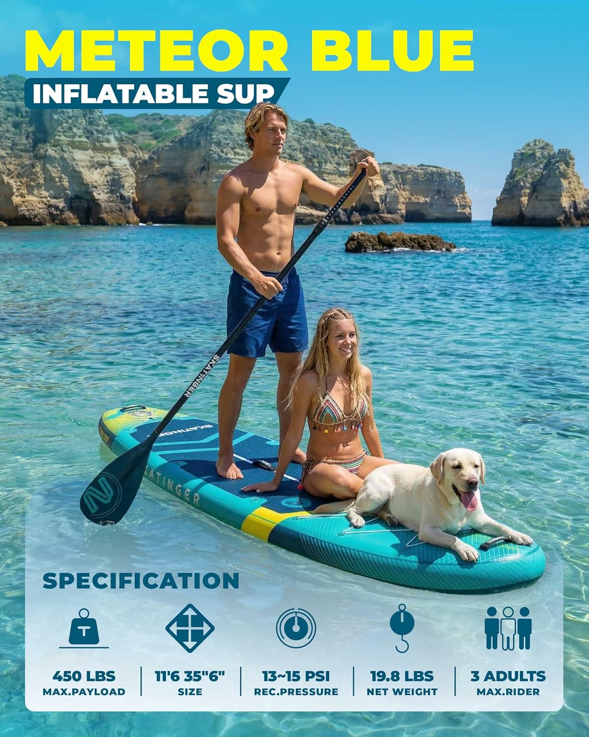 Thumbnail 1 de Skatinger 11'6" x 35" Super Wide Inflatable SUP Board (100L Backpack, US Fin, 450 lb Capacity)