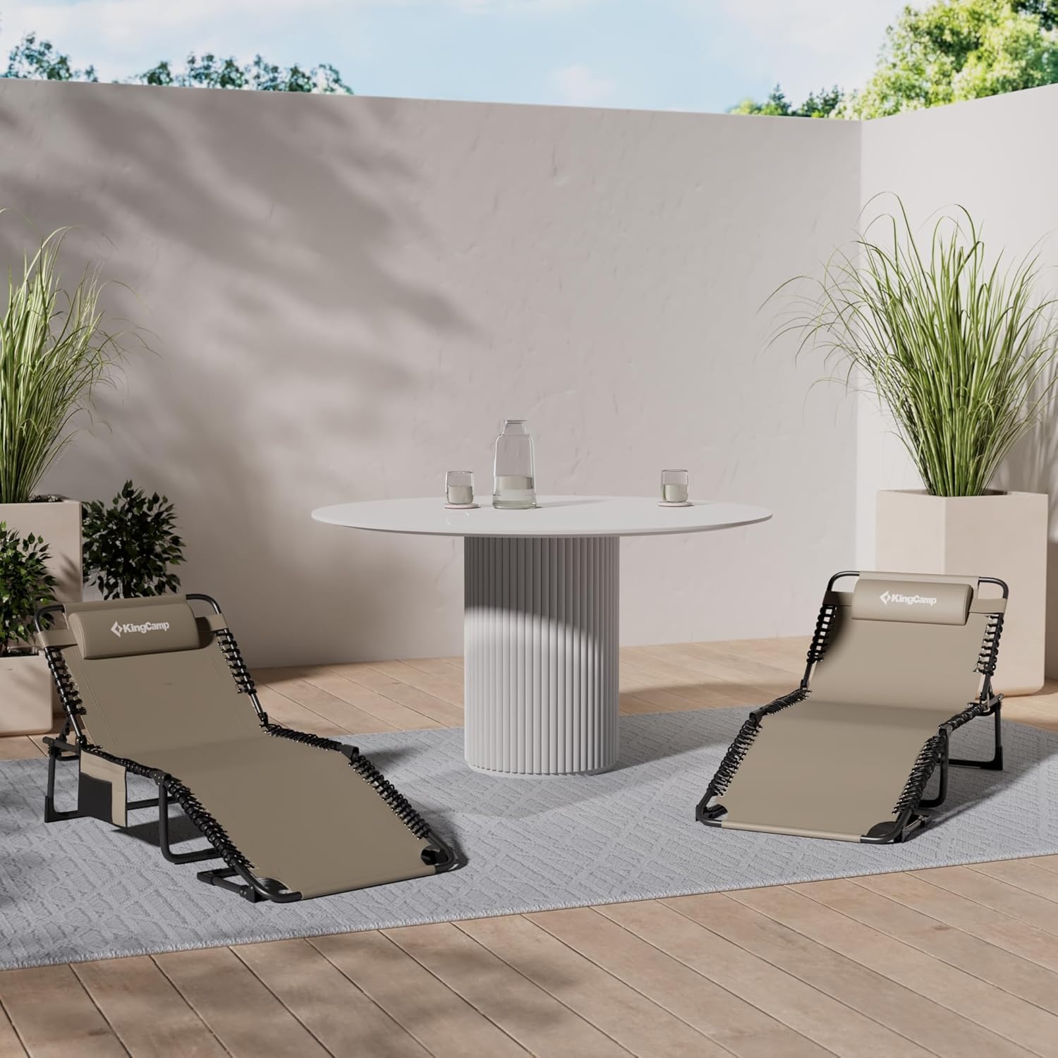 Detalle de KingCamp Sonnenliege Klappbar: 5‑Positionen, robustes Strand- und Gartenbett mit Kopfkissen