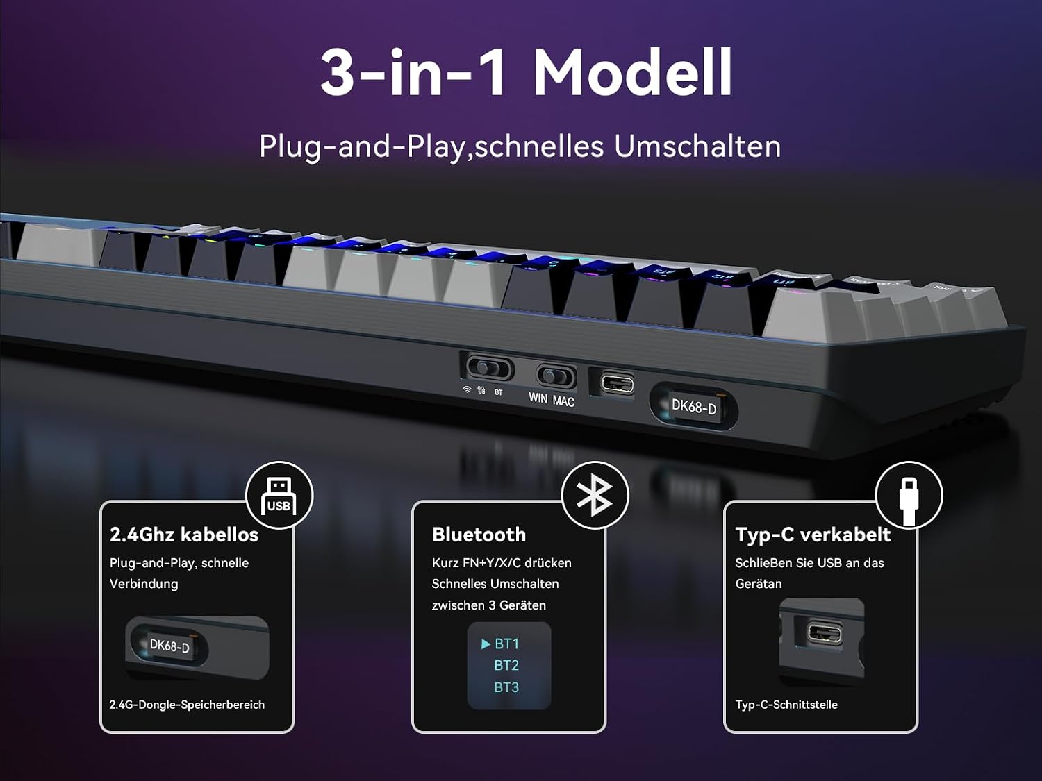 Detalle de Dierya DK68 Kabellose Gaming Tastatur 3000 mAh ⌨