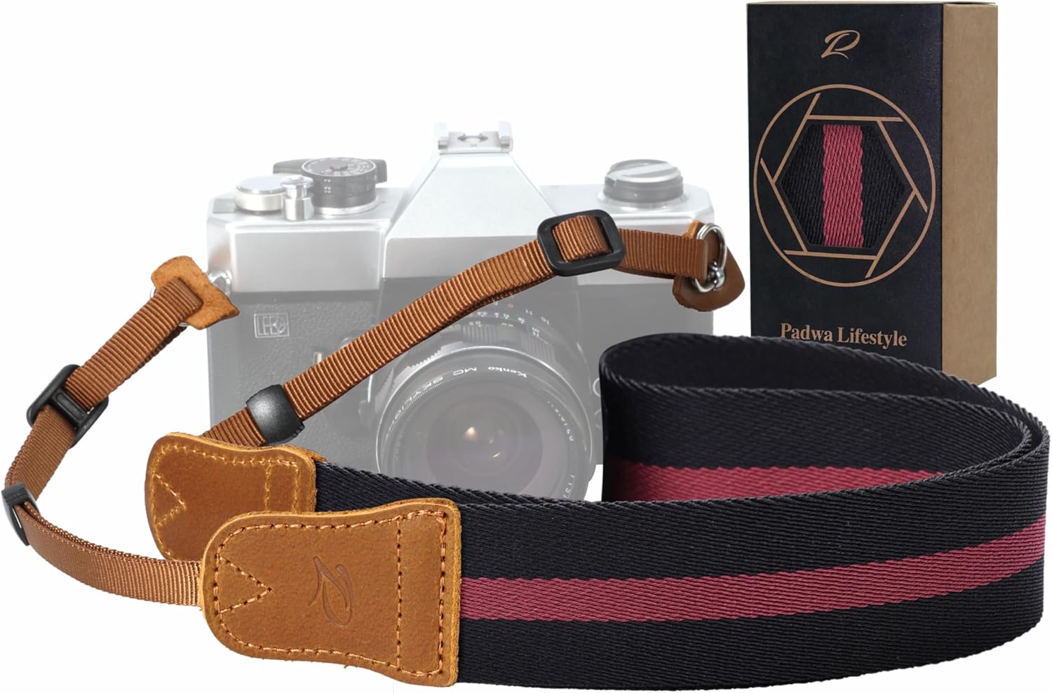 Detalle de Padwa Lifestyle Stripes Red Black Camera Strap – Double Layer Crazy Horse Cowhide Ends