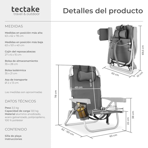 Thumbnail 1 de tectake Silla Playa Plegable con Respaldo Ajustable y Bolsa Térmica – 1 Unidad, Gris