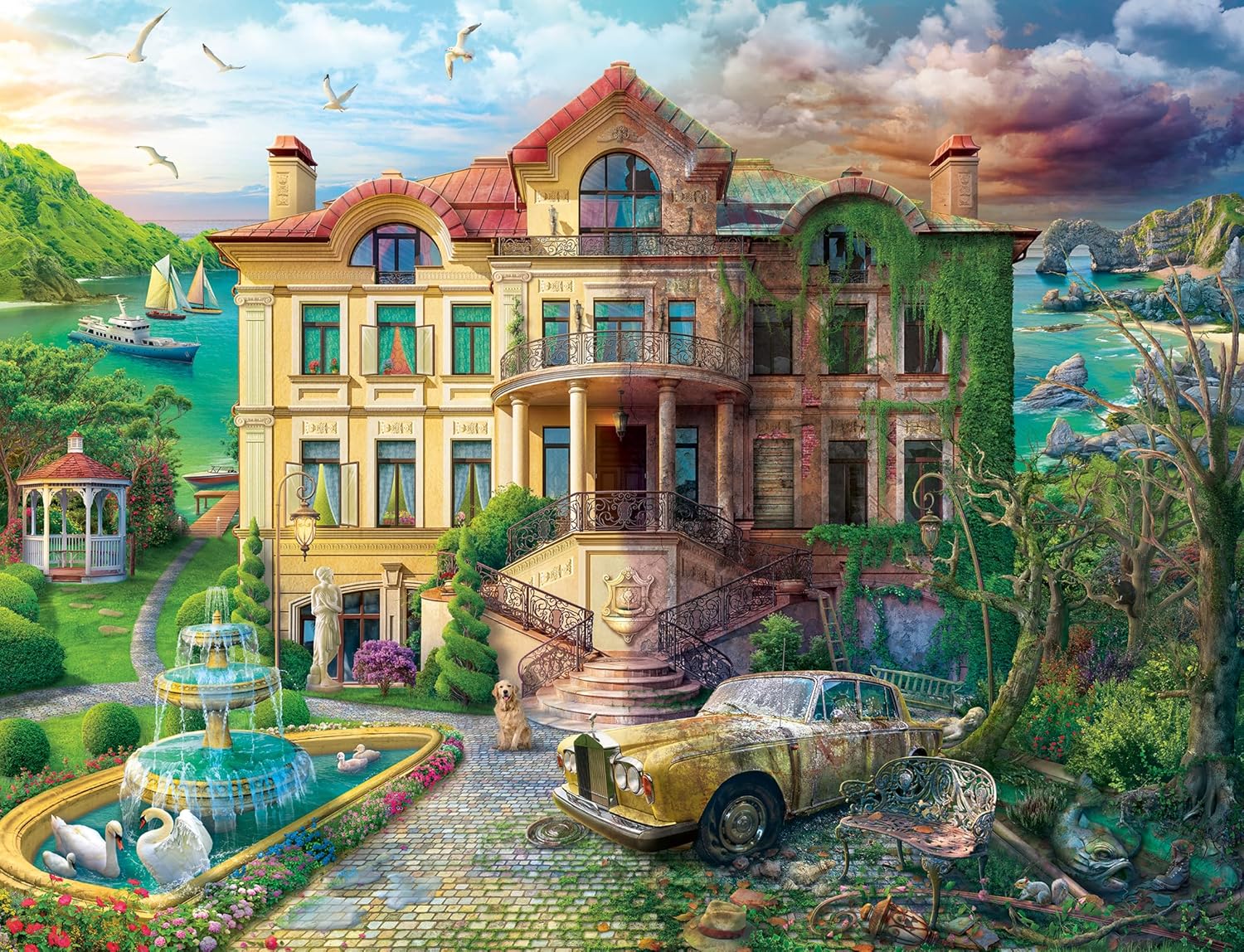 Detalle de Ravensburger Now & Then, Cove Manor Echoes 2000 Piece Jigsaw Puzzle