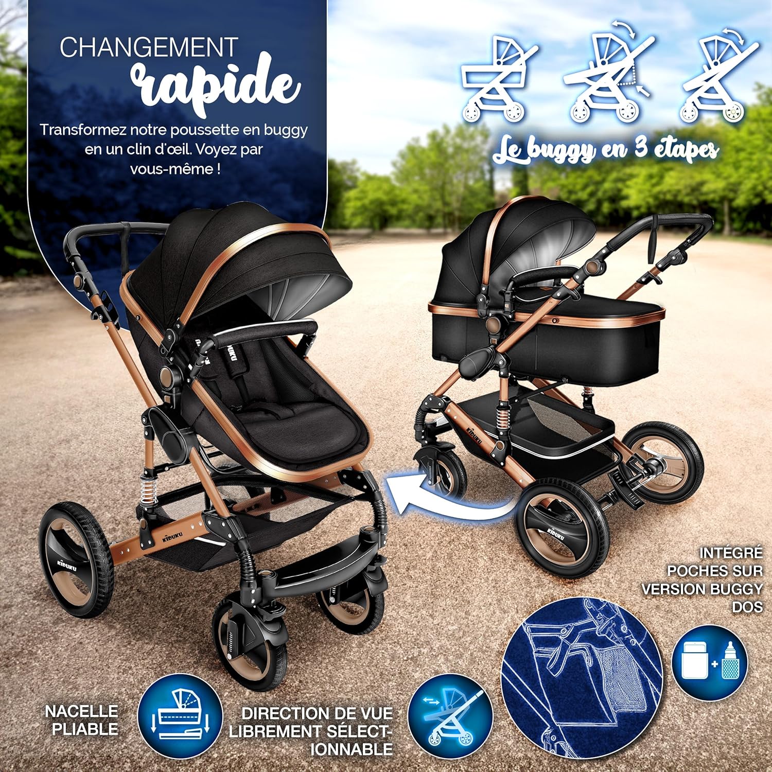 Thumbnail 4 de KIDUKU Poussette Combinée 3 en 1 – Trio tout-en-un (Noir/Champagne), siège auto léger et nacelle convertibles