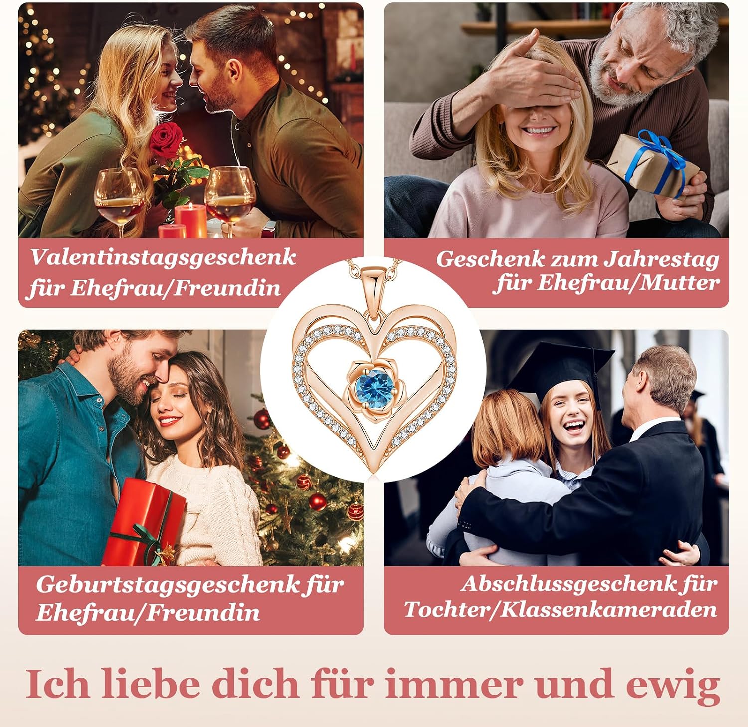 Detalle 2 de CDE Damen-Halskette Rosegold Herz mit Sterling Silber 925 & Geburtsstein (Anhänger) – Geschenk für Mama