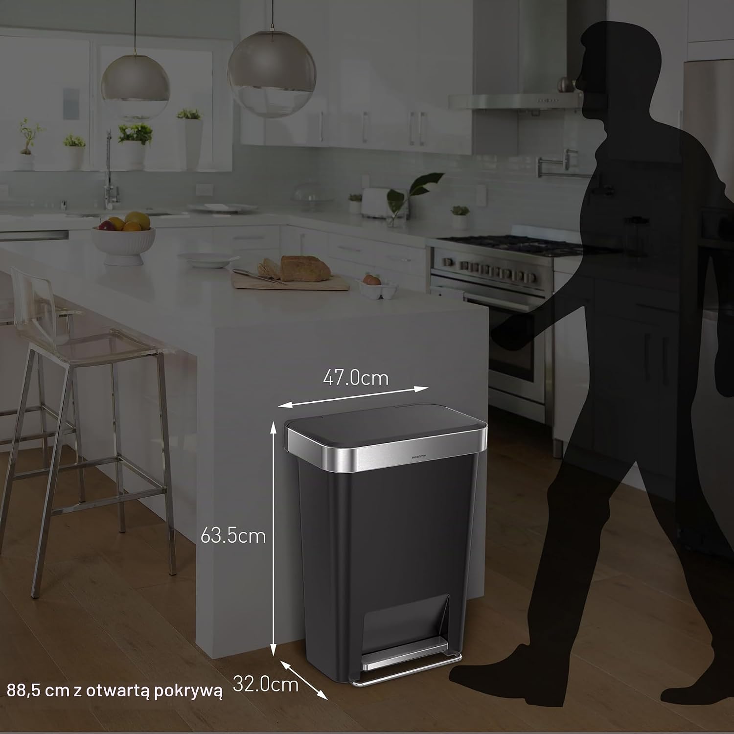 Detalle 1 de simplehuman CW1385CB – prostokątny kosz na pedał 45 l, czarny