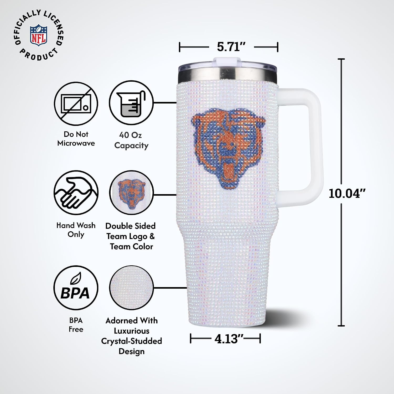 Detalle 2 de The Memory Company Officially Licensed 46oz White Bling Game Day Tumbler (Chicago Bears)