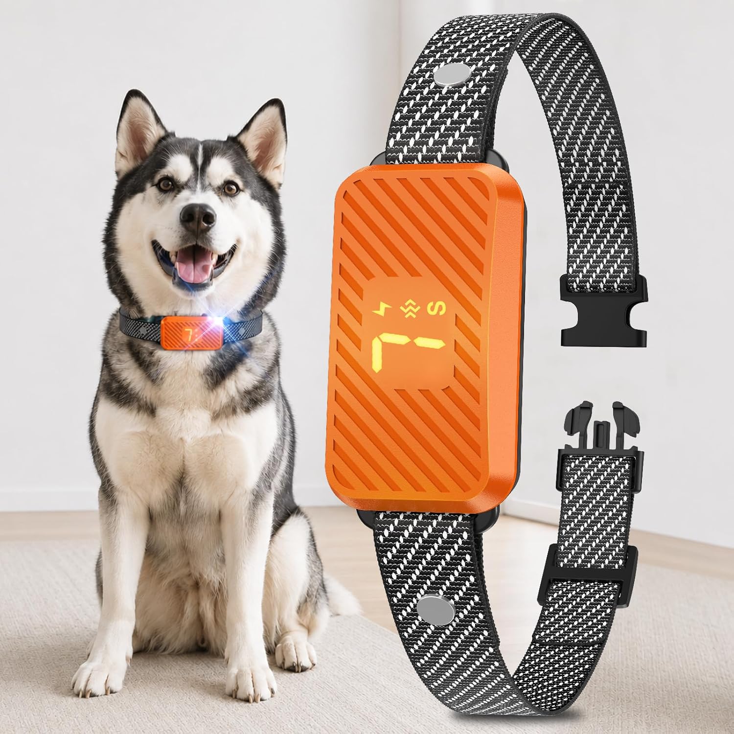 KJKZO Smart Bark Collar (Rechargeable, Waterproof IP67) with 7 Sensitivity Levels for Small to Large Dogs — Neon Orange