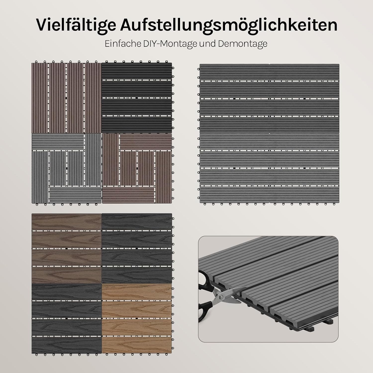 Detalle de WOLTU WPC Fliese Terrassenfliesen Holz-Optik mit Klicksystem 30 x 60 cm, hellgrau (12 Stück / 2 m²)