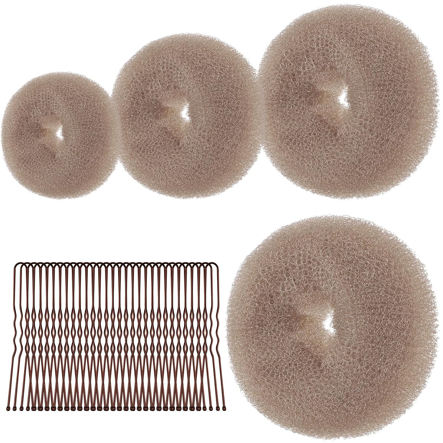 URAQT Donut Hair Bun Set – 4er Dutt Maker mit 30 U-förmigen Clips und Duttkissen in Groß und Klein (Aprikose, 6+8+10+12)
