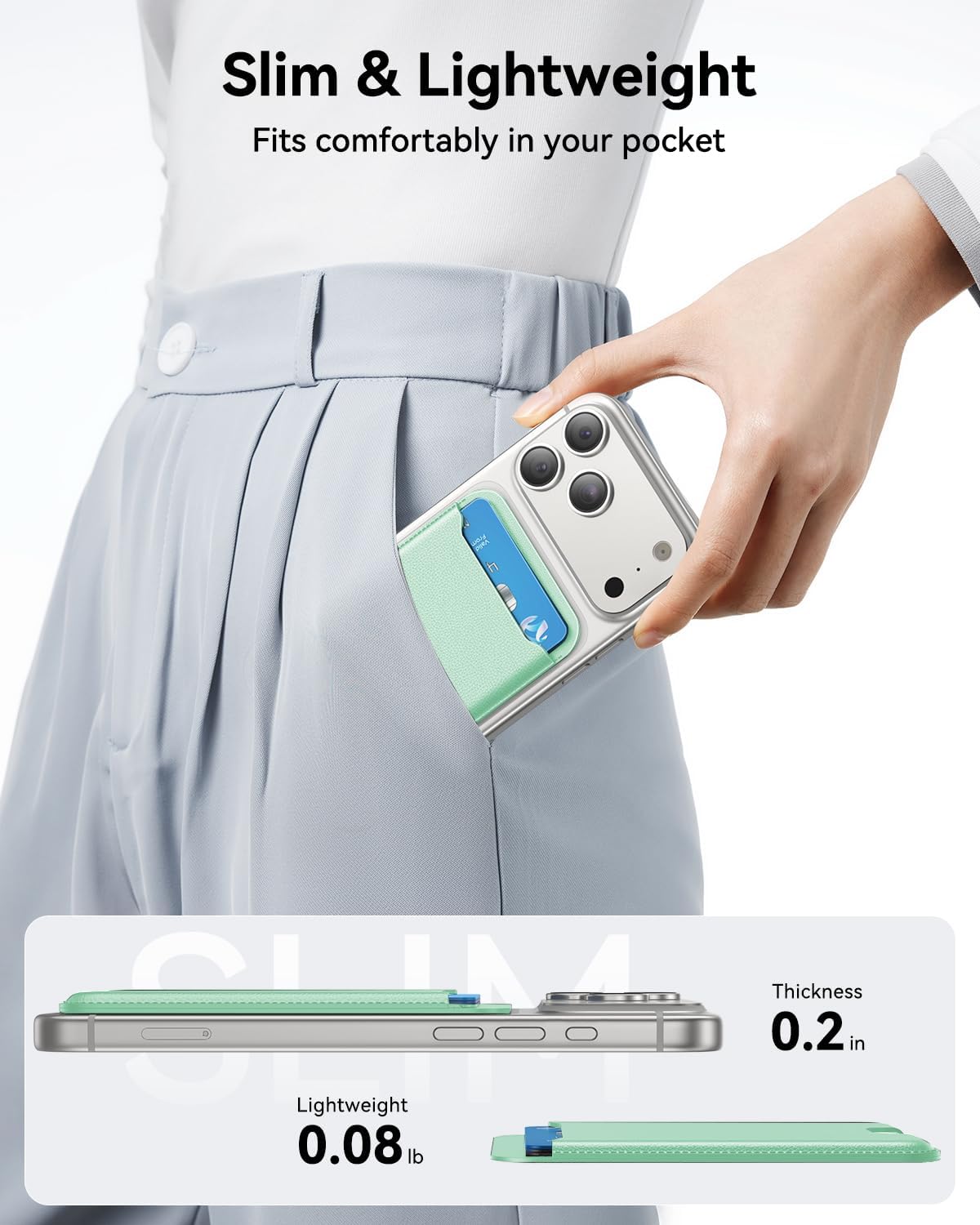 Detalle de TWZKG MagSafe Wallet (3-Card Holder) Slim Magnetic Phone Wallet for iPhone Pro/Plus — Light Green, RFID Blocking Vegan Leather