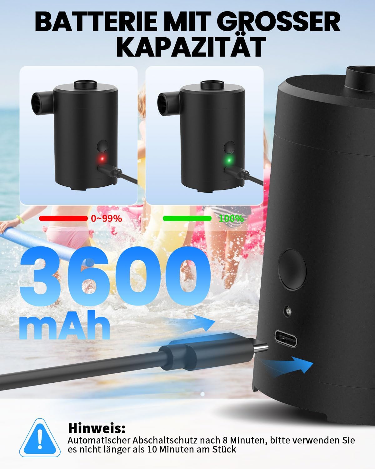 Thumbnail 3 de Zenmos Elektrische Luftpumpe für Luftmatratze – 3600mAh, 5 Düsen, kompakt & wiederaufladbar