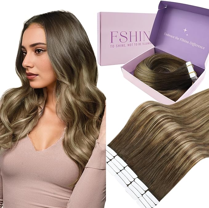 Fshine Extensiones Adhesivas de Pelo Natural, 14", Marrón a Rubio