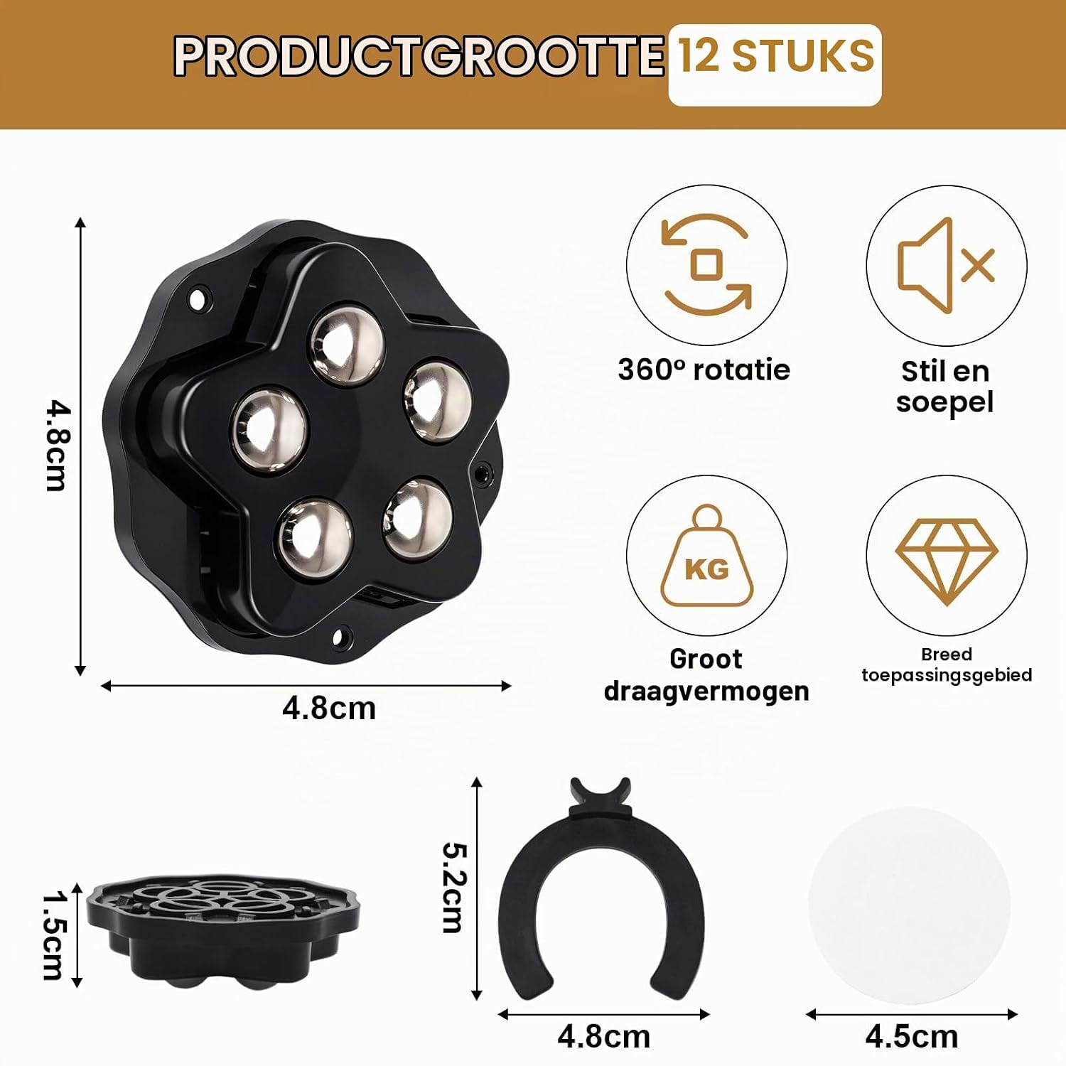 Detalle 2 de ZY-otu set van 12 platte meubelwielen met kogellager, 360° draaibaar