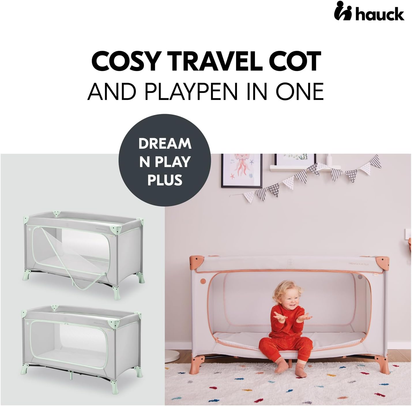 Detalle de hauck Dream N Play PLUS Travel Cot for Babies & Toddlers (Dusty Mint) – XL Hatch, Lightweight & Compact Folding